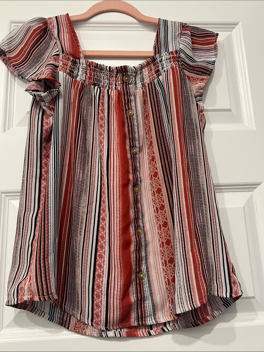 Source Unknown Rust Red, White & Black Striped Off-Shoulder Top